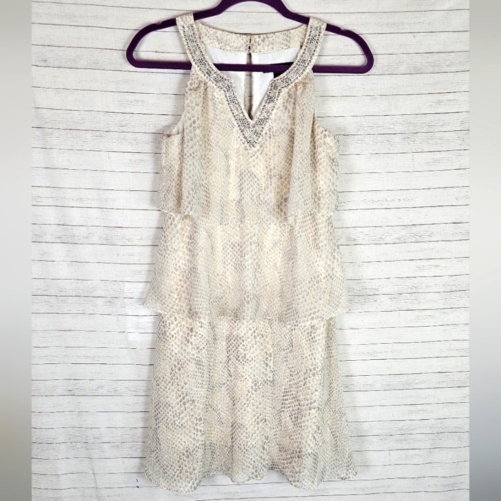 White House Black Market Snakeskin Print Tiered Shift Dress w Beaded Neck, sz 2